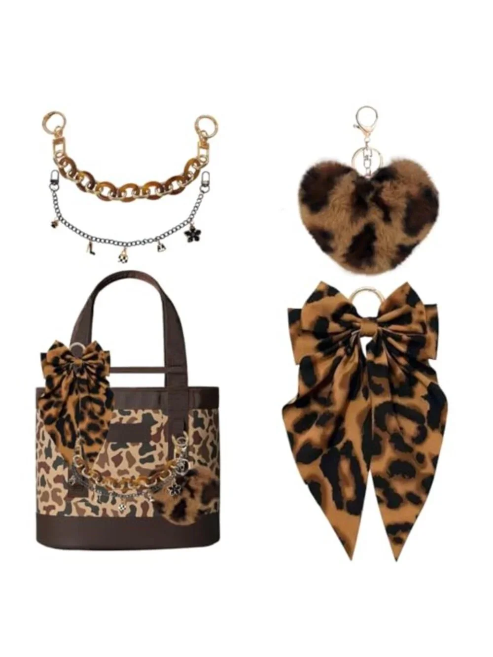 Satin Bow Keychain Set with Plush Heart Charm and Gold Chains for Tote Bags